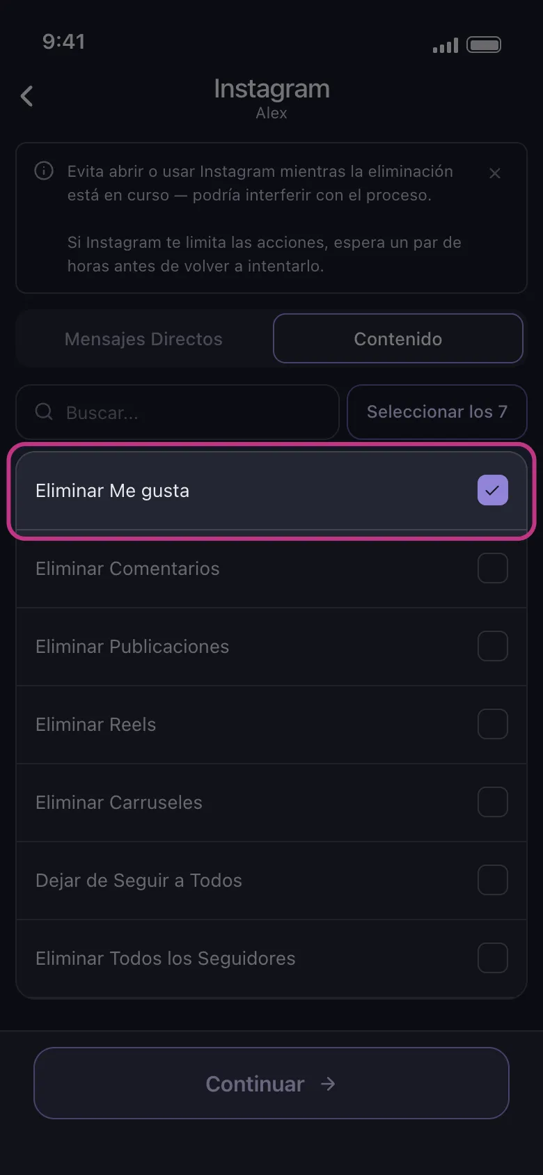 Lista de contenido de Instagram en Unpost con Eliminar Me gusta seleccionado