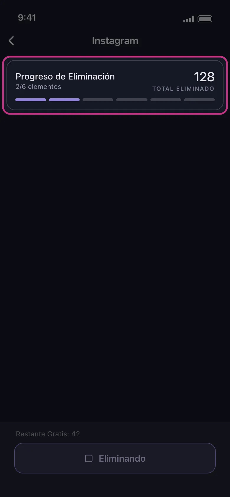 Tarjeta de progreso de borrado de Unpost contando los Me gusta de Instagram eliminados