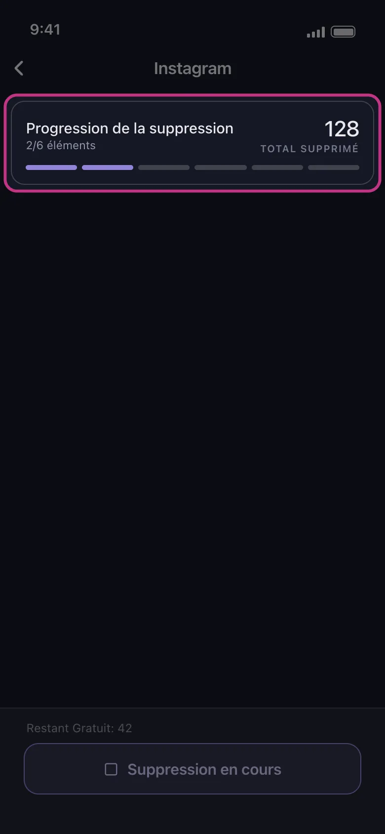 Carte de progression de suppression Unpost comptant les J'aime retirés sur Instagram