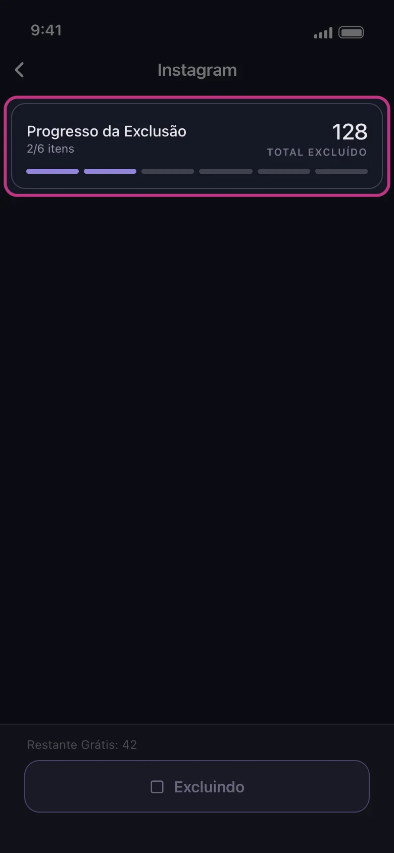 Cartão de progresso do Unpost contando curtidas removidas do Instagram