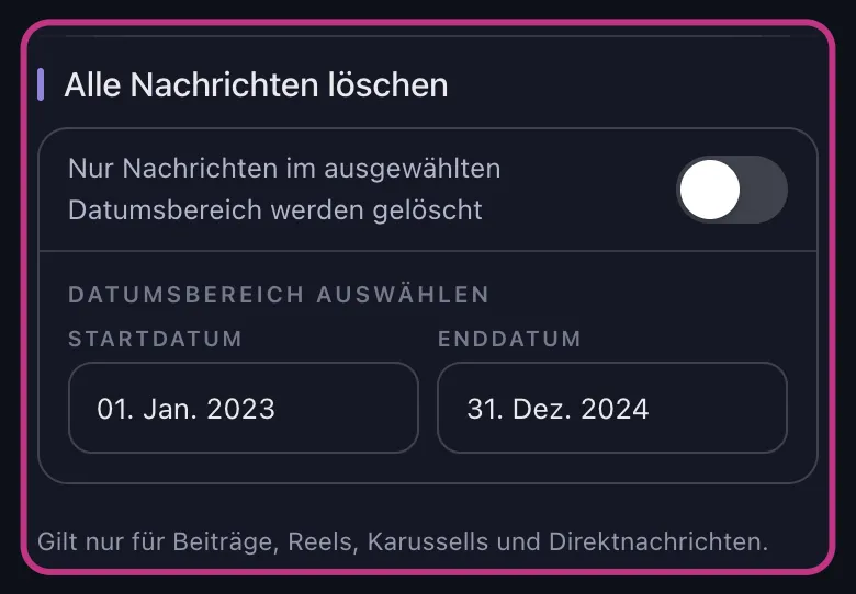 Unpost Löschoptionen mit hervorgehobener Datumsbereich-Karte, Startdatum und Enddatum