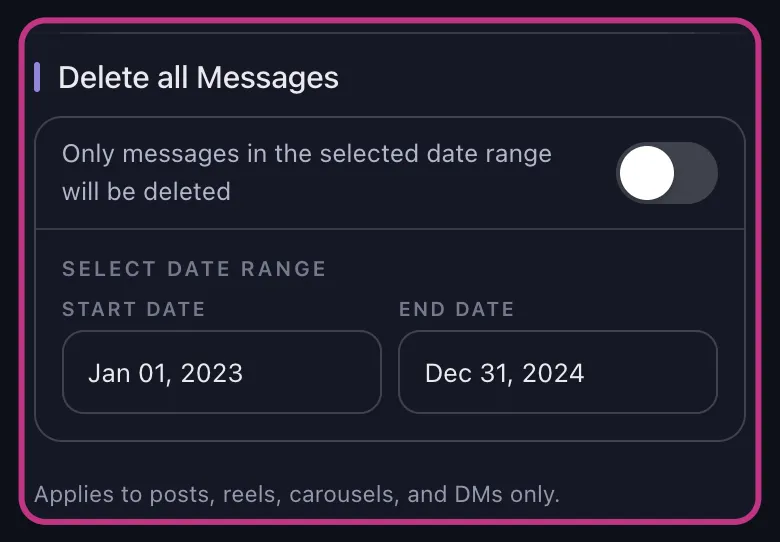 Unpost delete options with the date range card and its start and end dates highlighted