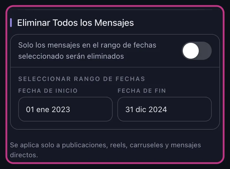 Opciones de eliminación de Unpost con la tarjeta de rango de fechas y las fechas de inicio y fin destacadas