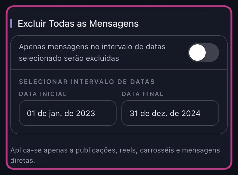 Opções de exclusão do Unpost com o cartão de intervalo de datas e as datas inicial e final em destaque