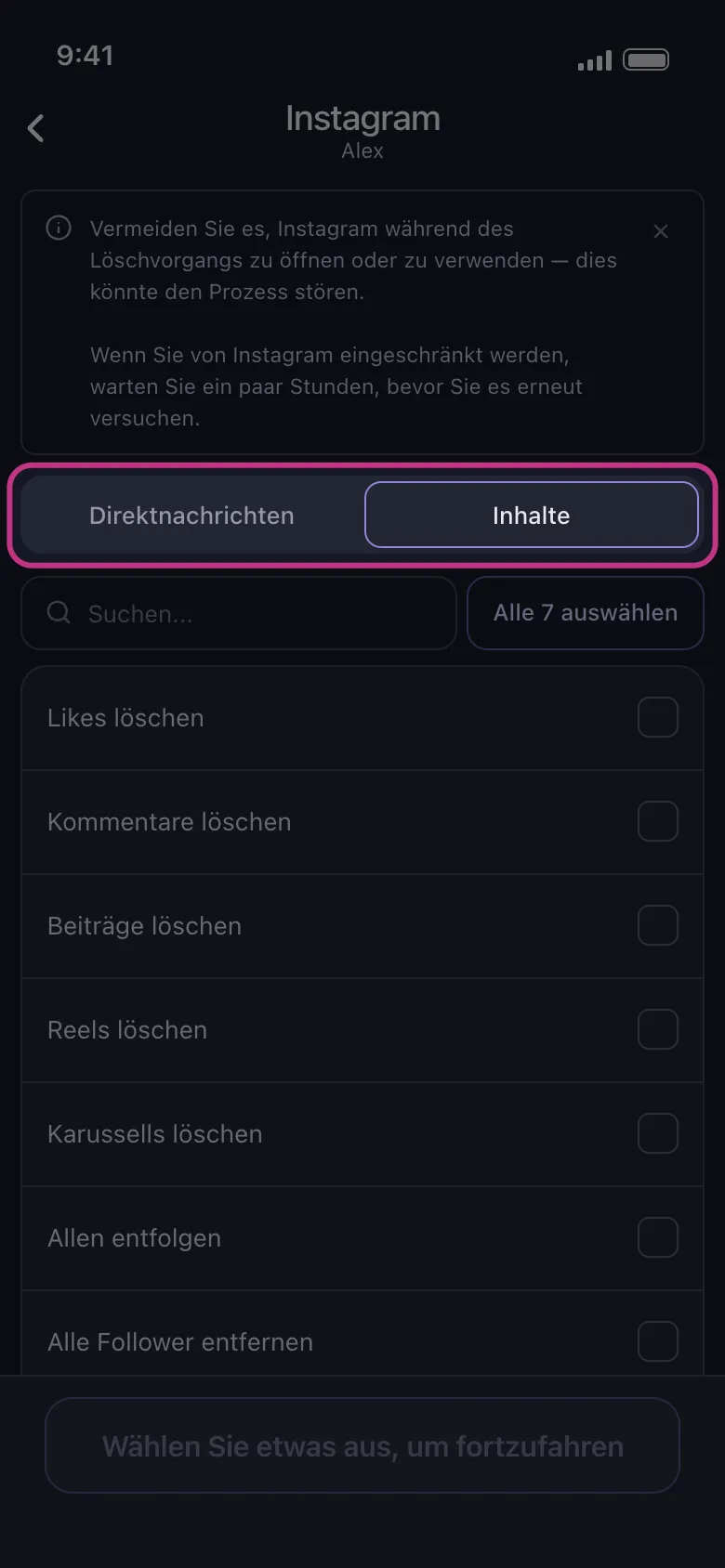 Die Tabs "Direktnachrichten" und "Inhalte" in Unpost, mit hervorgehobenem Tab-Umschalter