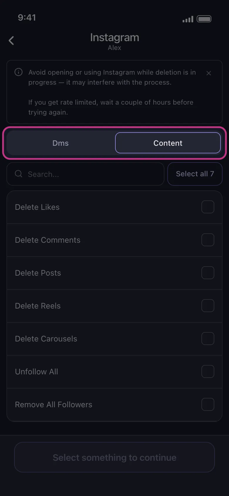 The Dms and Content tabs in Unpost, with the tab switch highlighted