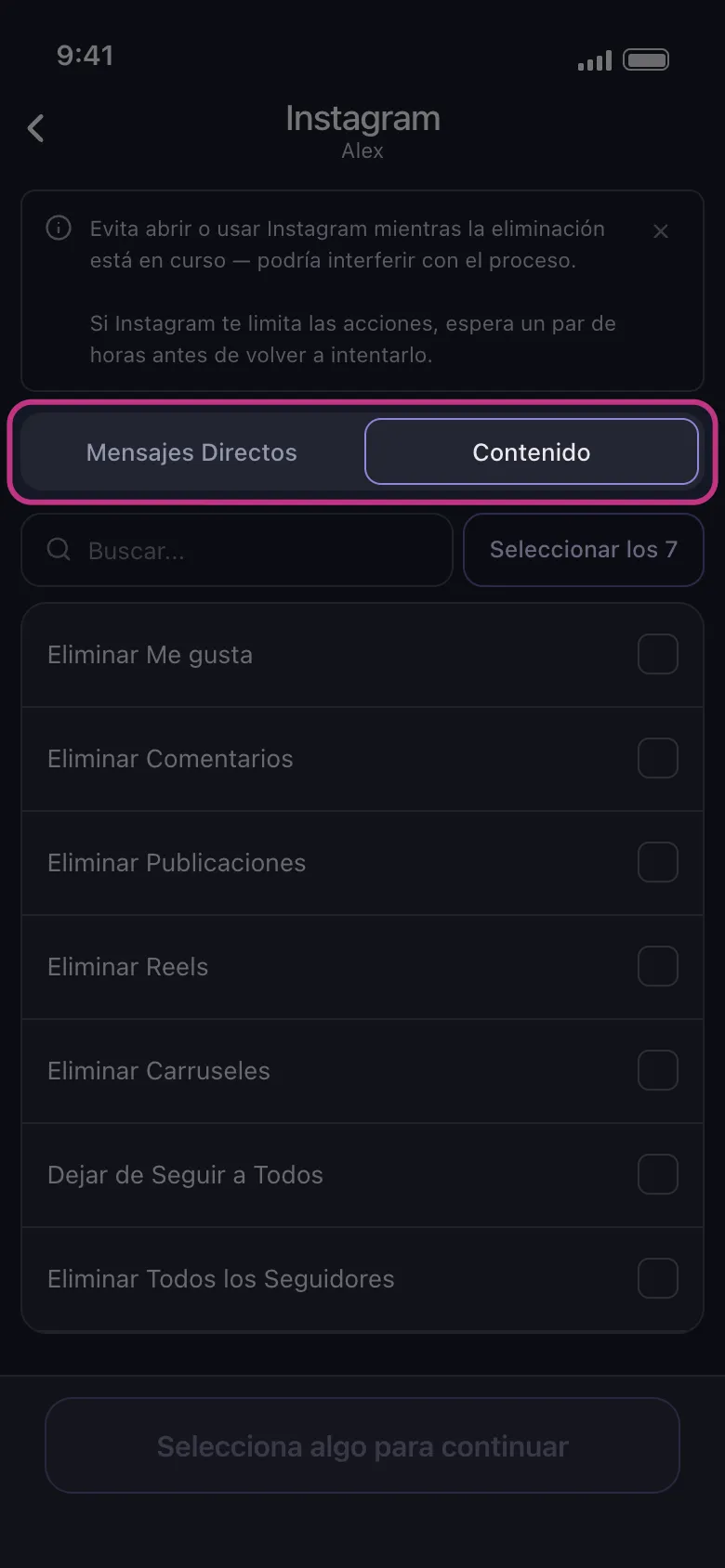 Las pestañas "Mensajes Directos" y "Contenido" en Unpost, con el selector destacado
