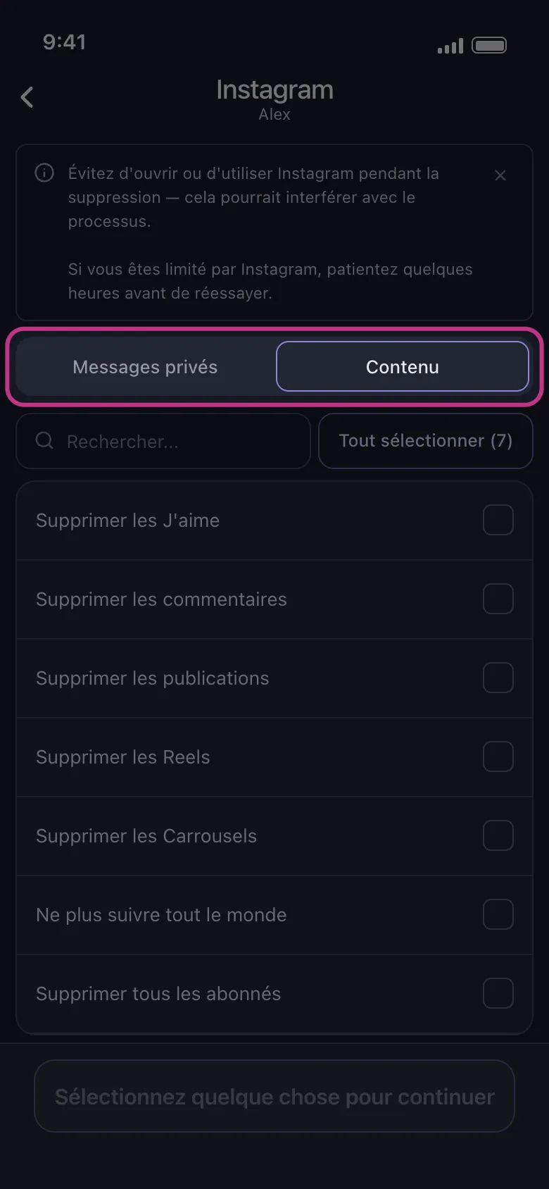 Les onglets Messages privés et Contenu dans Unpost, avec le sélecteur d'onglet mis en évidence