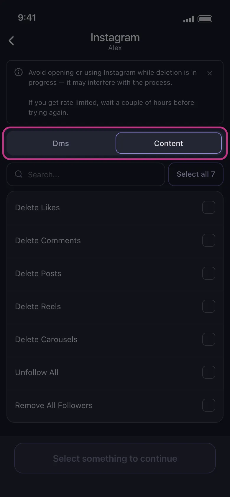 Unpost'un Instagram ekranında Dms ve Content sekmeleri vurgulanmış