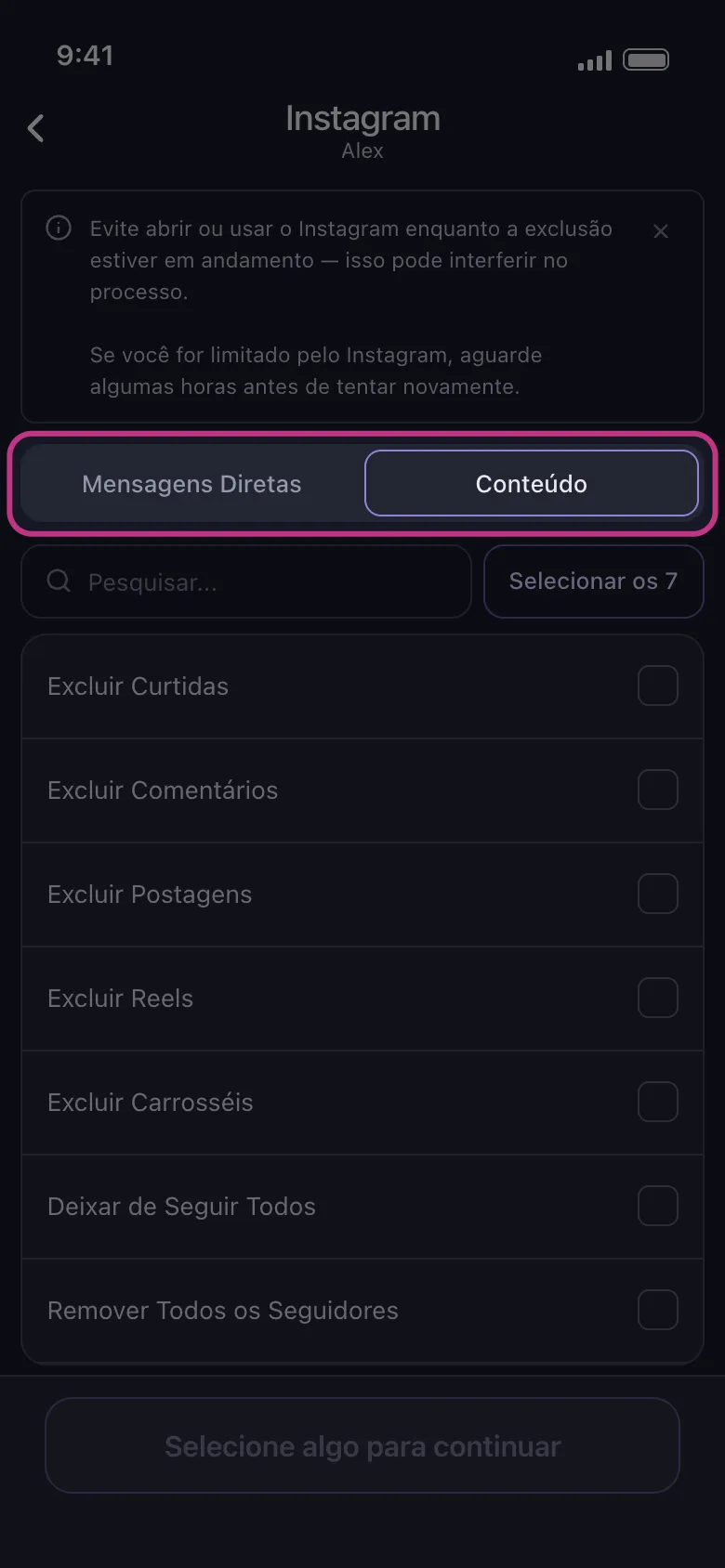 Tela do Instagram no Unpost com as abas Mensagens Diretas e Conteúdo em destaque