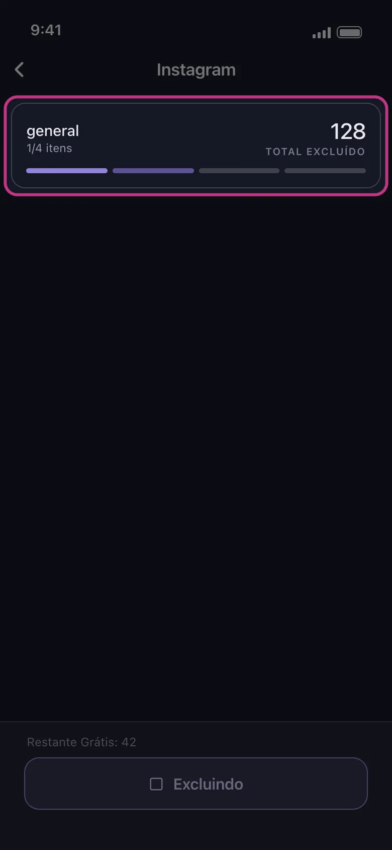 Cartão de progresso do Unpost mostrando os itens concluídos e o total excluído