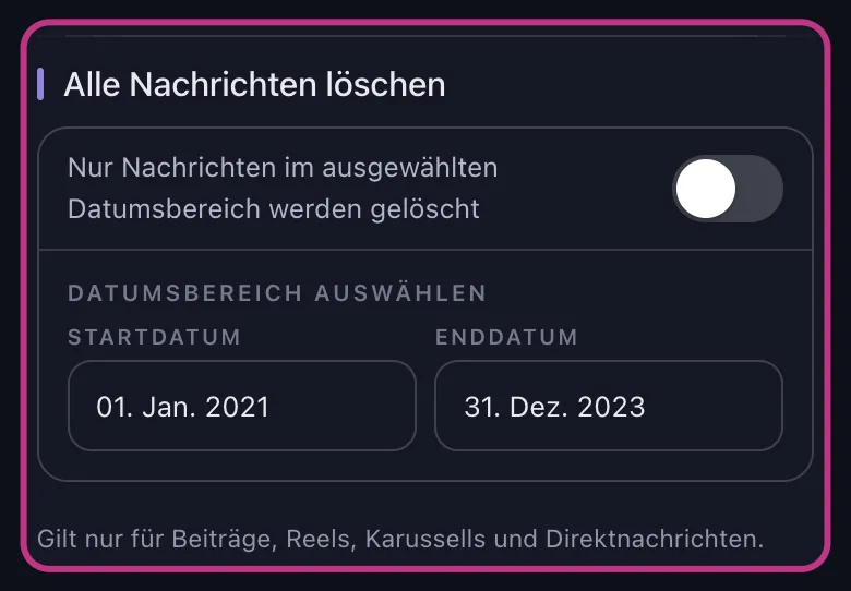 Unpost's Instagram-Datumsbereich-Filter eingestellt von Januar 2021 bis Dezember 2023