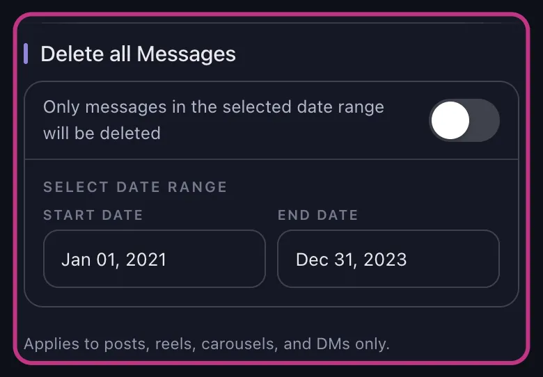Unpost'un Instagram tarih aralığı filtresi Ocak 2021'den Aralık 2023'e ayarlanmış