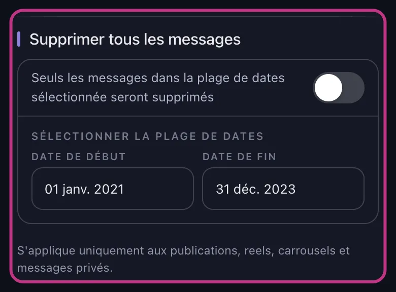 Filtre de plage de dates Instagram d'Unpost réglé de janvier 2021 à décembre 2023