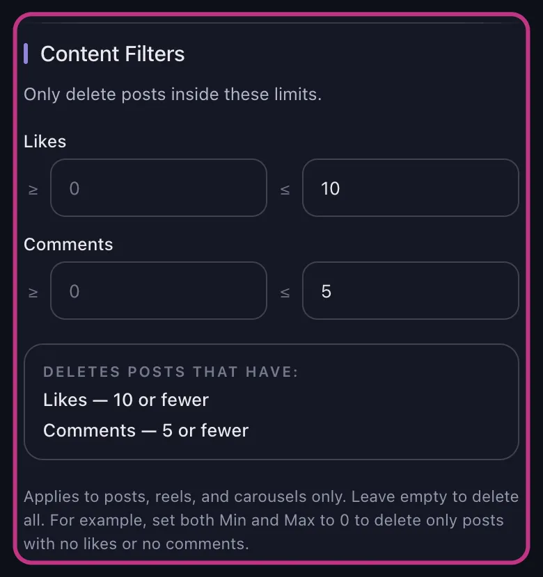 Filter konten Instagram di Unpost membatasi penghapusan pada postingan dengan maksimal 10 suka dan 5 komentar