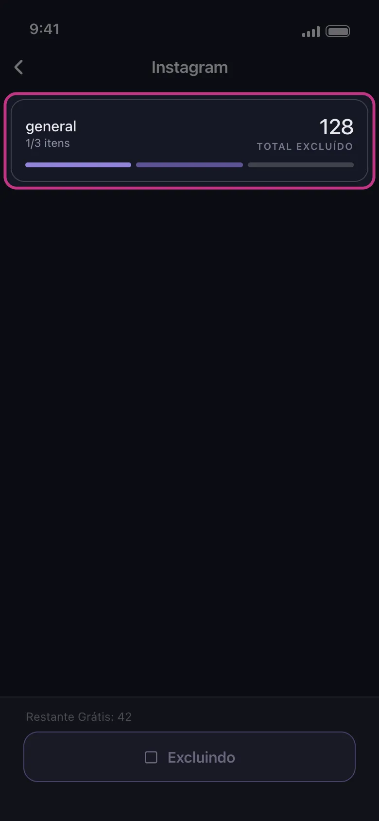 Cartão de progresso da exclusão no Instagram no Unpost mostrando 1 de 3 itens concluídos e 128 itens excluídos