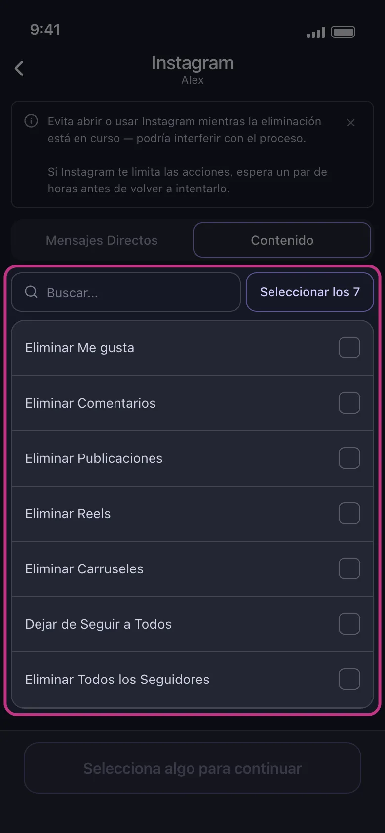 Lista de contenido de Instagram en Unpost: Eliminar Me gusta, Eliminar Comentarios, Eliminar Publicaciones, Eliminar Reels, Eliminar Carruseles, Dejar de Seguir a Todos y Eliminar Todos los Seguidores, sin ninguna fila de historias