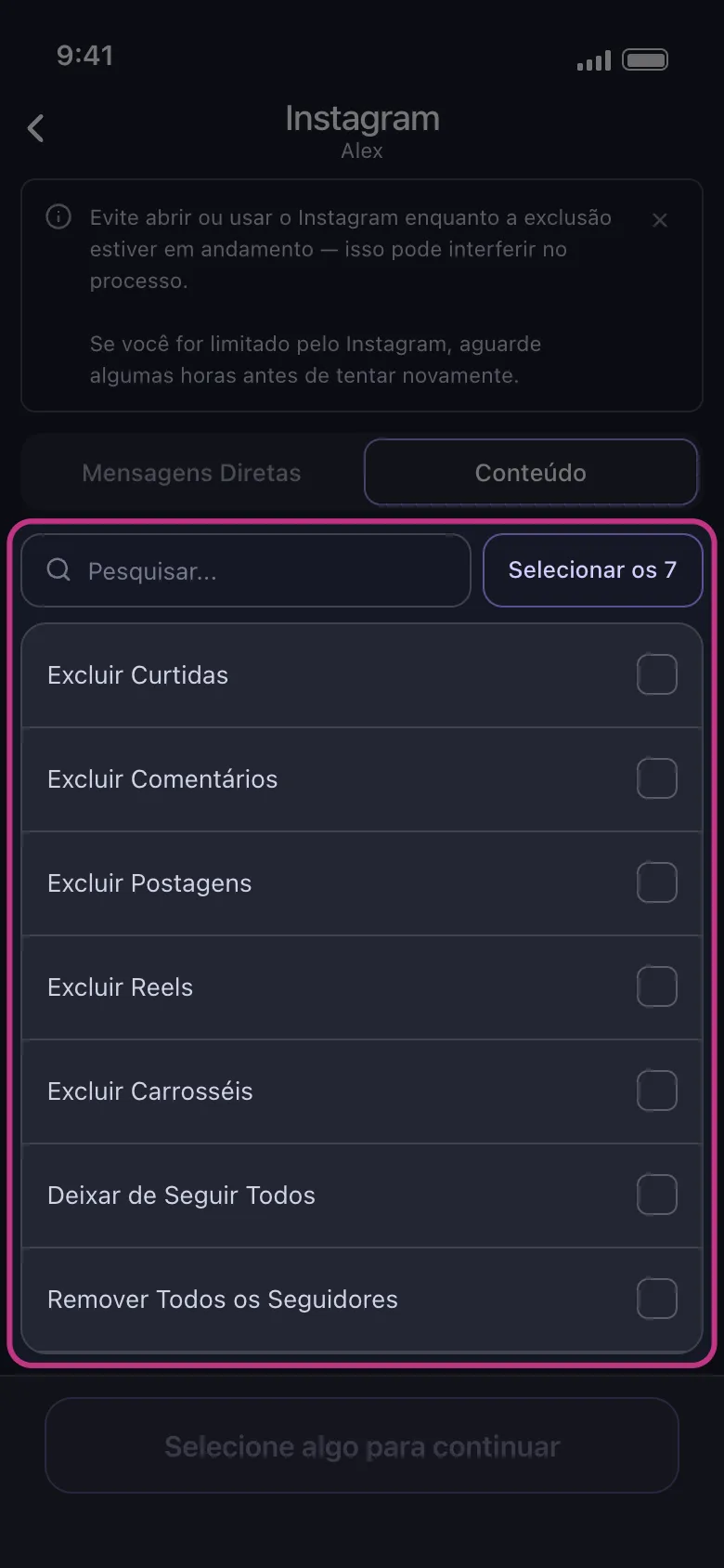 Lista de conteúdo do Instagram no Unpost: curtidas, comentários, publicações, reels, carrosséis, deixar de seguir todo mundo e remover todos os seguidores, sem nenhuma linha de Stories