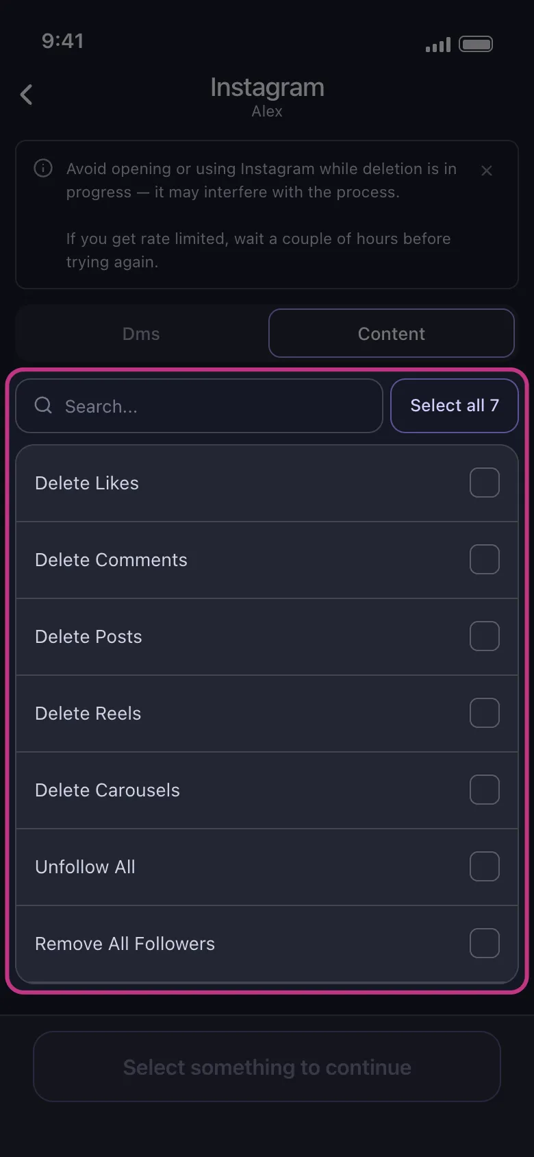 Instagram’s Content list highlighted, from Delete Likes to Remove All Followers.