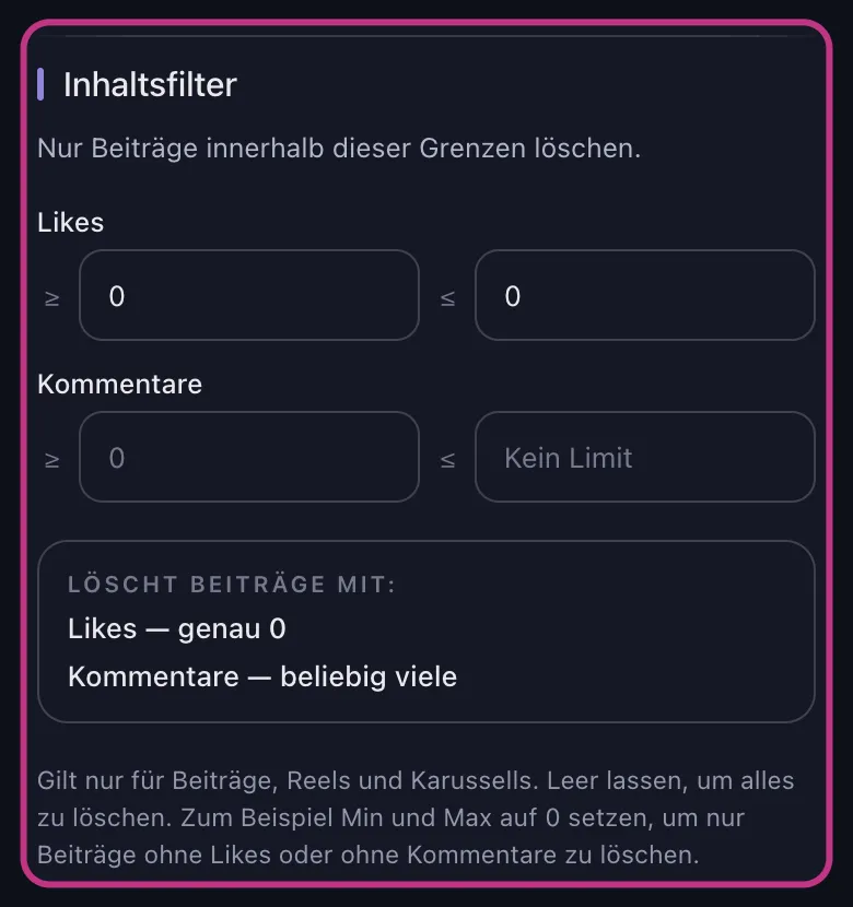 Unposts Instagram-Inhaltsfilter mit beiden Like-Grenzen auf null gesetzt