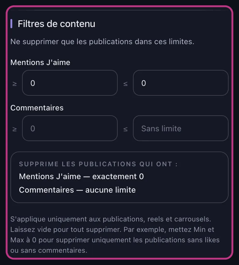 Filtres de contenu Instagram d'Unpost avec les limites de likes toutes deux réglées sur zéro