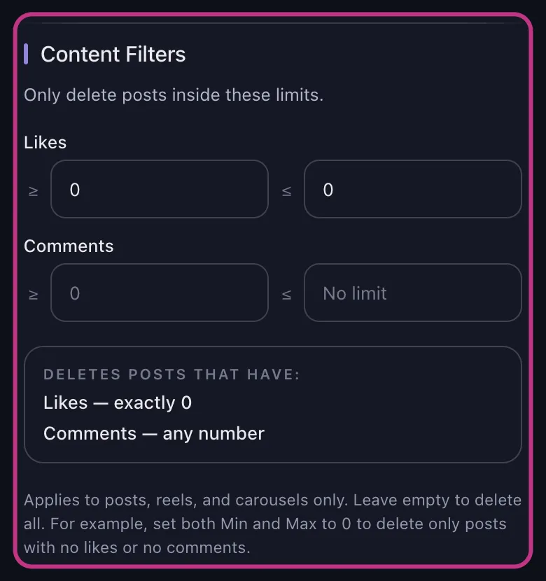 Filter konten Instagram Unpost dengan batas suka diatur ke nol