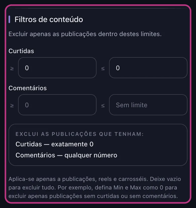 Filtros de conteúdo do Instagram no Unpost com os limites de curtidas definidos em zero