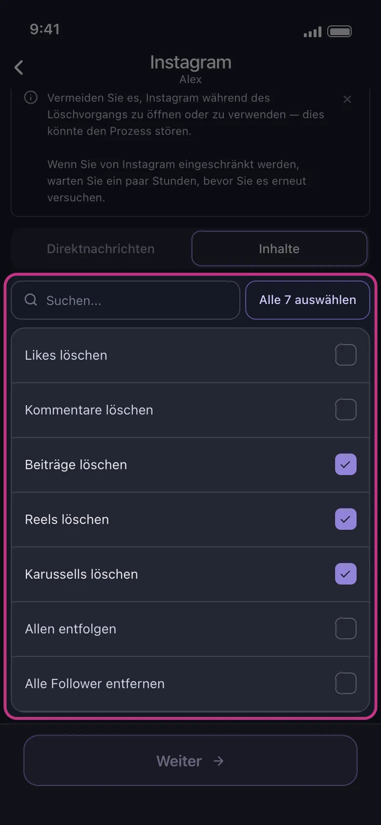 Unposts Instagram-Liste „Was gelöscht wird", hervorgehoben, mit angehakten Optionen „Beiträge löschen", „Reels löschen" und „Karussells löschen"