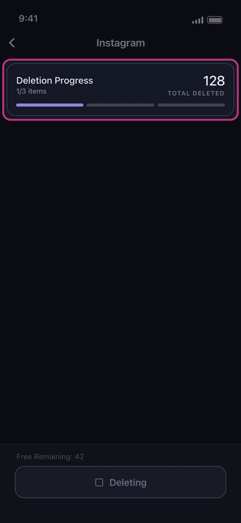 Unpost'un "Deletion Progress" (Silme İlerlemesi) kartı vurgulanmış; tamamlanan öğe sayısını ve o ana kadar silinen toplamı gösteriyor. Etiketler İngilizce, çünkü uygulamanın tr arayüzü yok