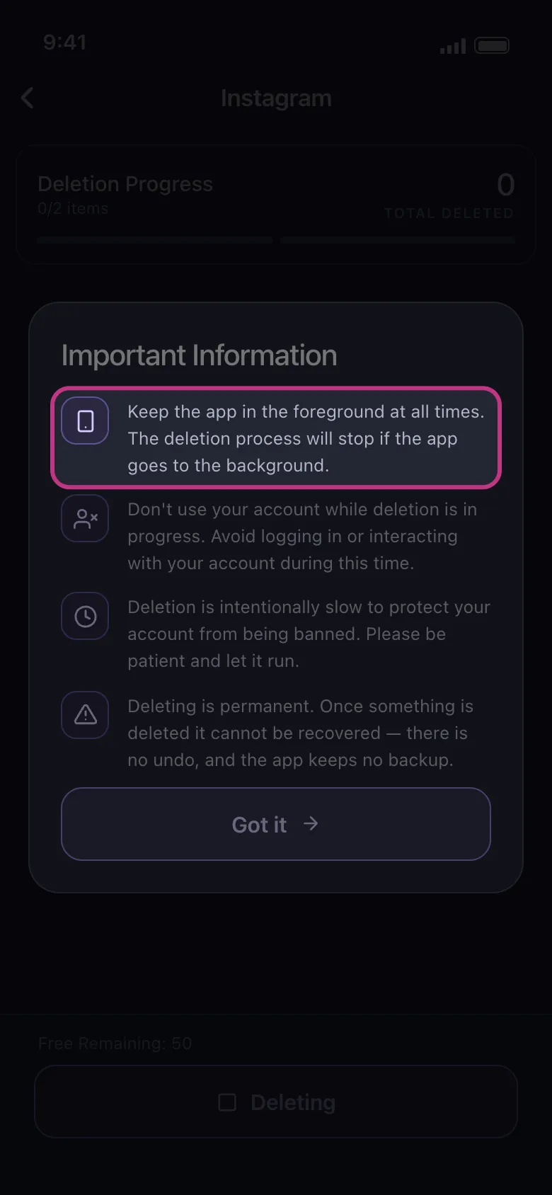 The Important Information popup on iPhone with the rule about keeping the app in the foreground highlighted.