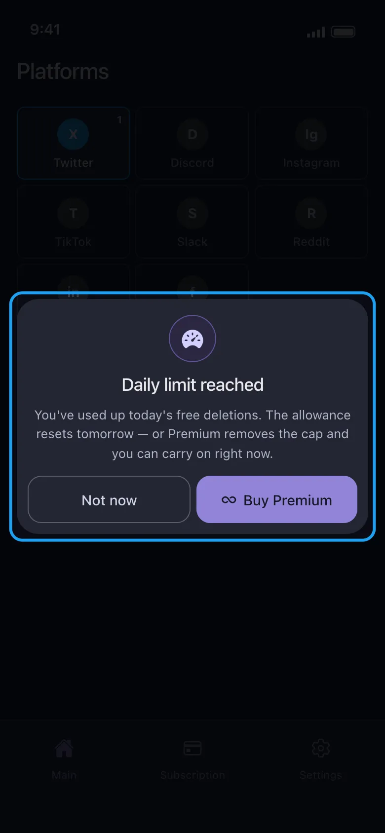 The Daily limit reached popup highlighted, with the Not now and Buy Premium buttons.