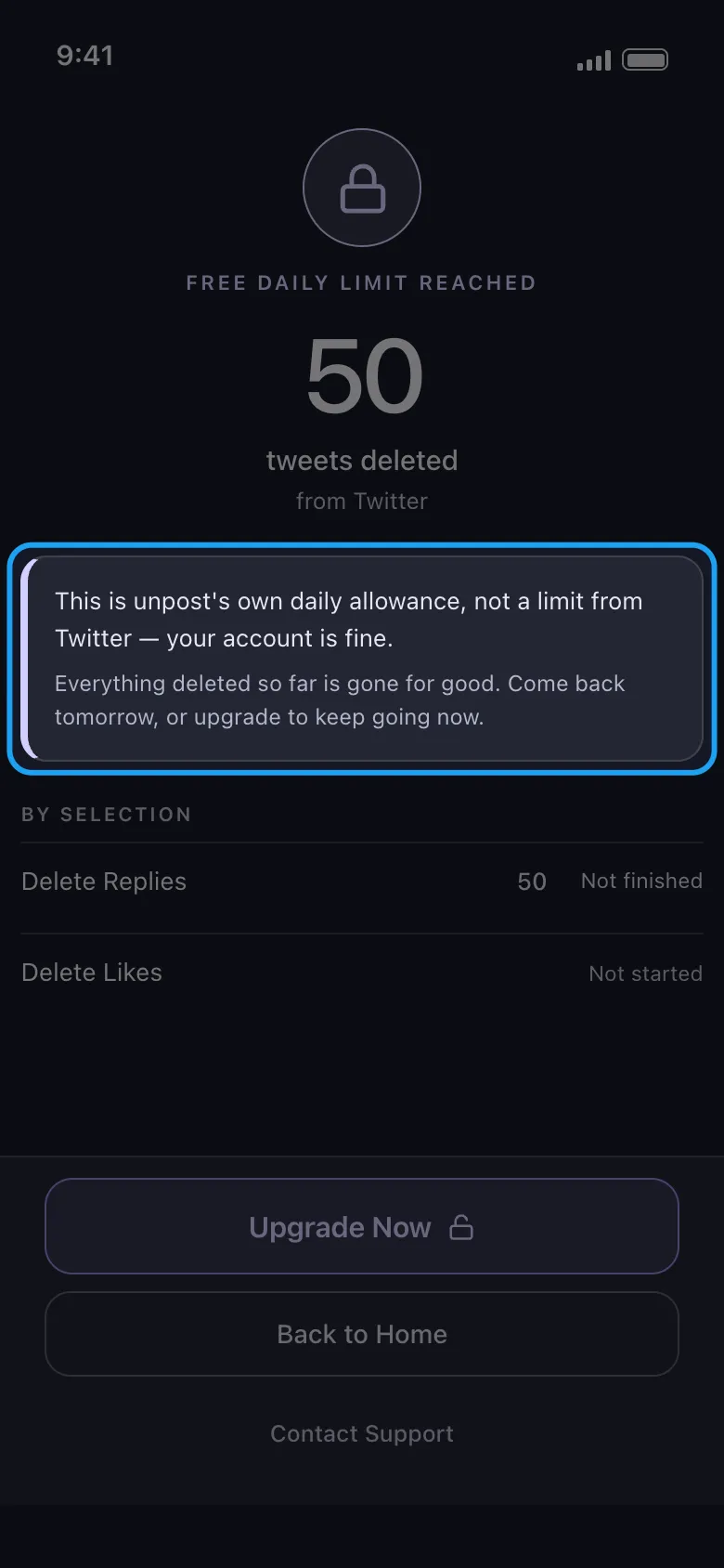 The result screen with the Free daily limit reached explanation highlighted.