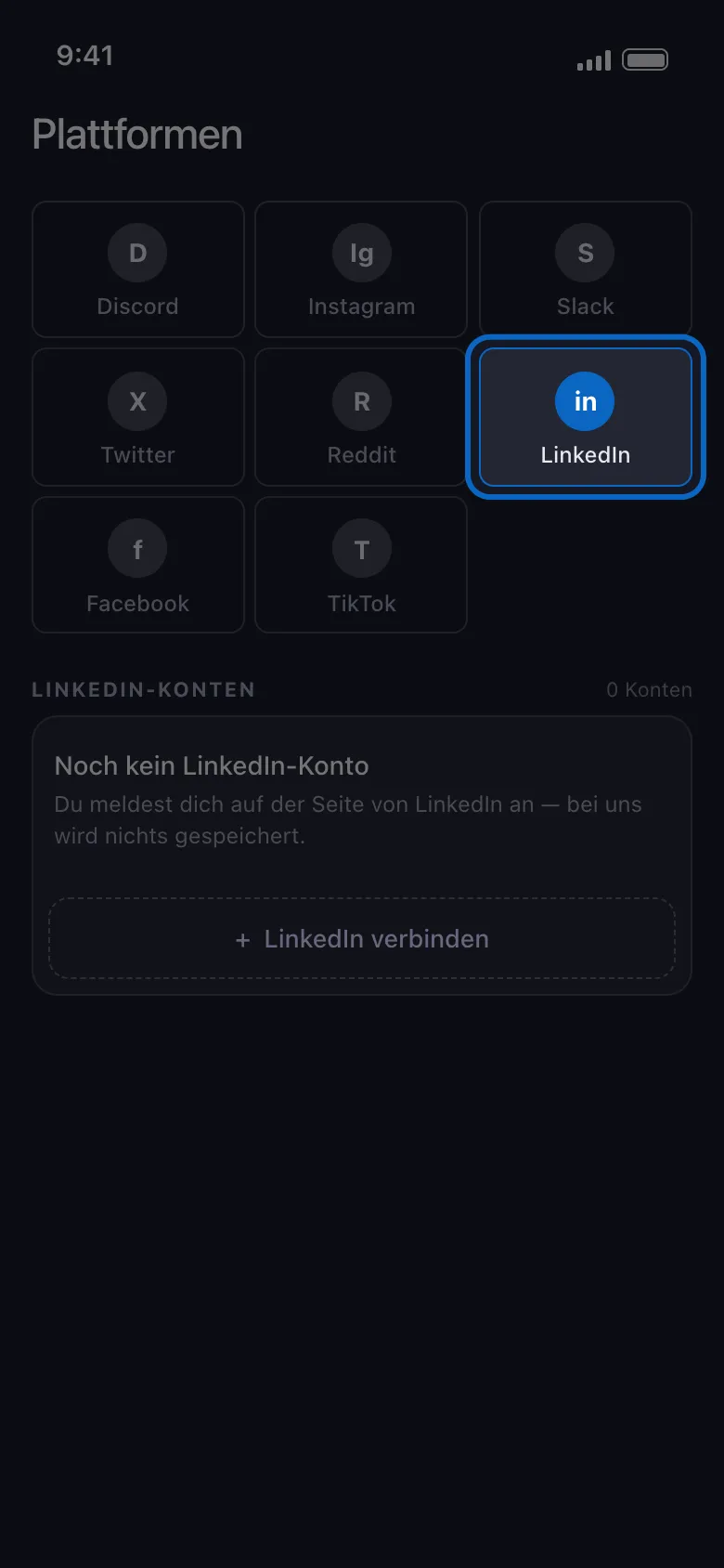 Unposts Bildschirm „Plattformen“ mit hervorgehobener LinkedIn-Kachel zwischen den anderen Plattform-Kacheln, darunter die Karte „Noch kein LinkedIn-Konto“ und die Schaltfläche „LinkedIn verbinden“