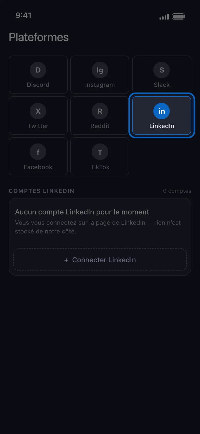 L'écran Plateformes d'Unpost avec la tuile LinkedIn mise en évidence parmi les autres tuiles, au-dessus de la carte « Aucun compte LinkedIn pour le moment » et du bouton Connecter LinkedIn