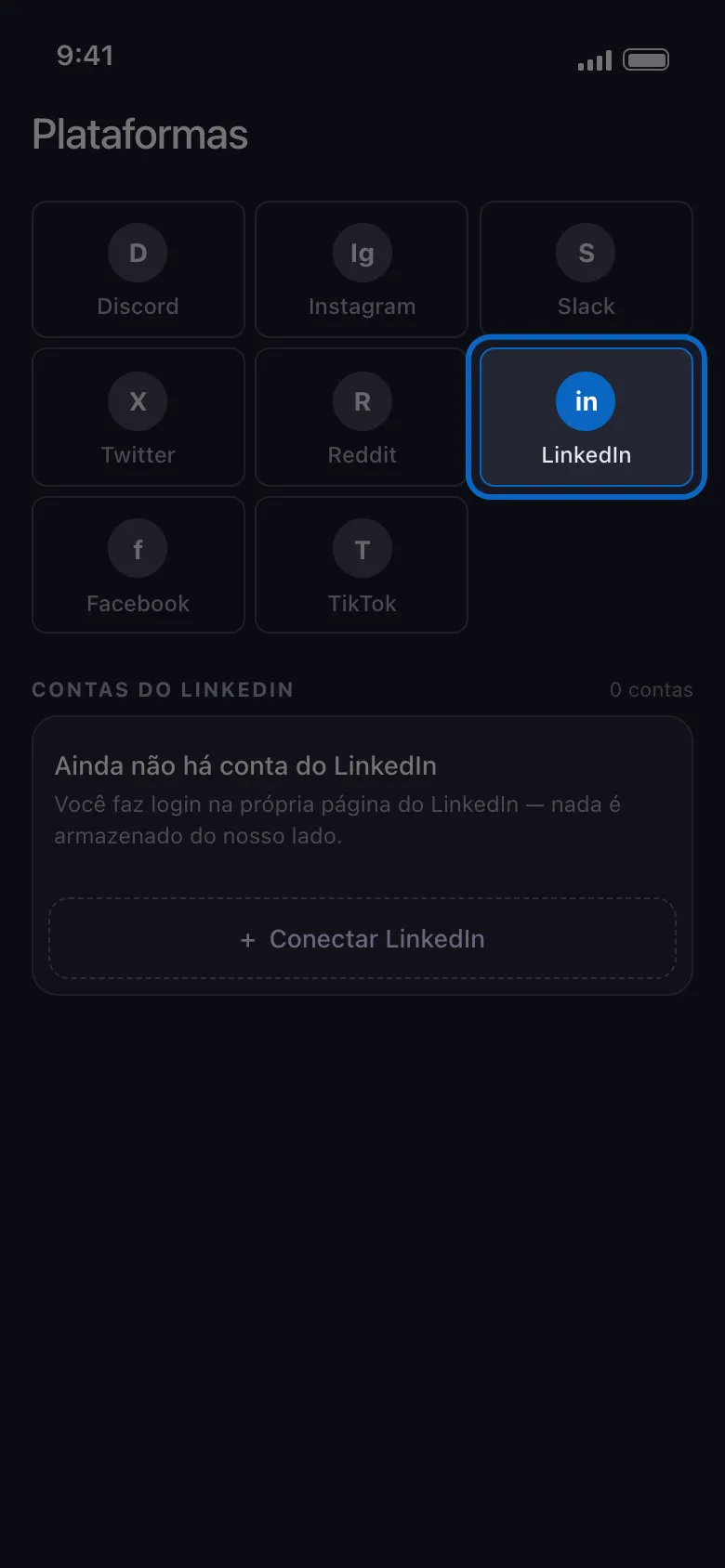 Tela Plataformas do Unpost com o bloco do LinkedIn destacado entre os blocos de plataformas, acima do cartão Ainda não há conta do LinkedIn e do botão Conectar LinkedIn.
