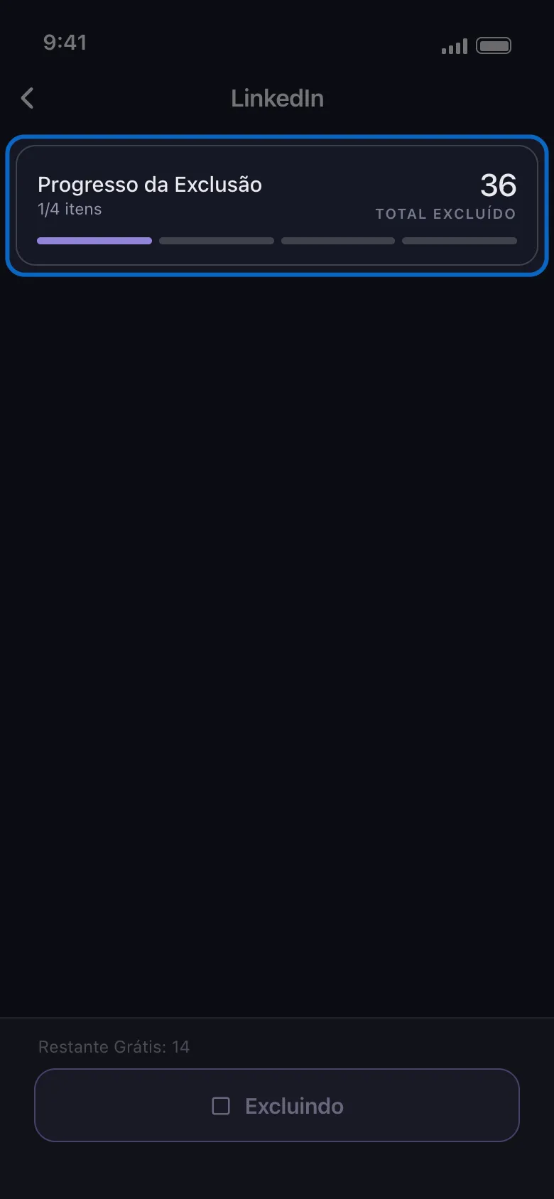 Tela de execução do LinkedIn no Unpost com o cartão Progresso da Exclusão destacado, mostrando os itens concluídos do total, o contador Total Excluído e o botão Excluindo no rodapé.
