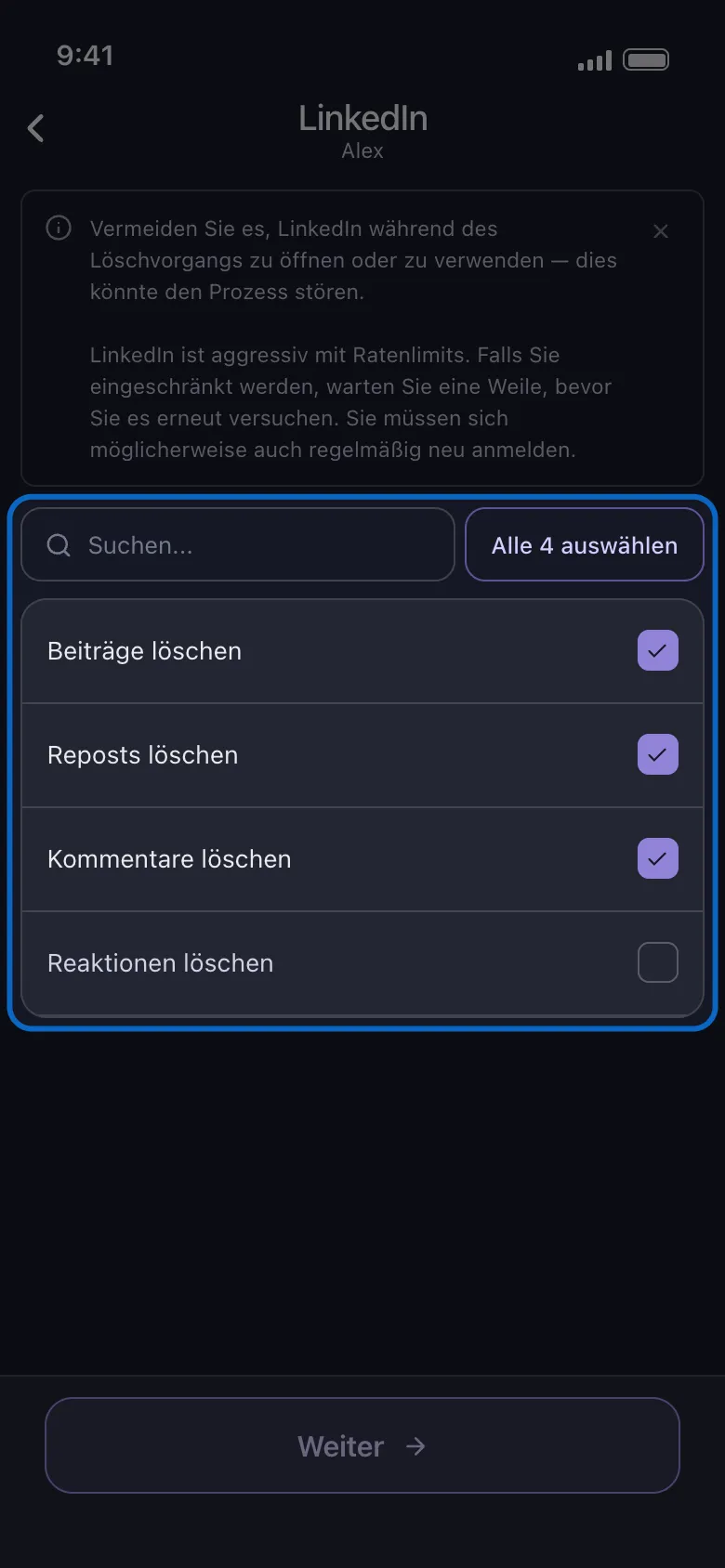 Unposts hervorgehobene Auswahlliste für LinkedIn mit den flachen Zeilen „Beiträge löschen“, „Reposts löschen“, „Kommentare löschen“ und „Reaktionen löschen“, drei davon angekreuzt, über der Schaltfläche „Weiter“