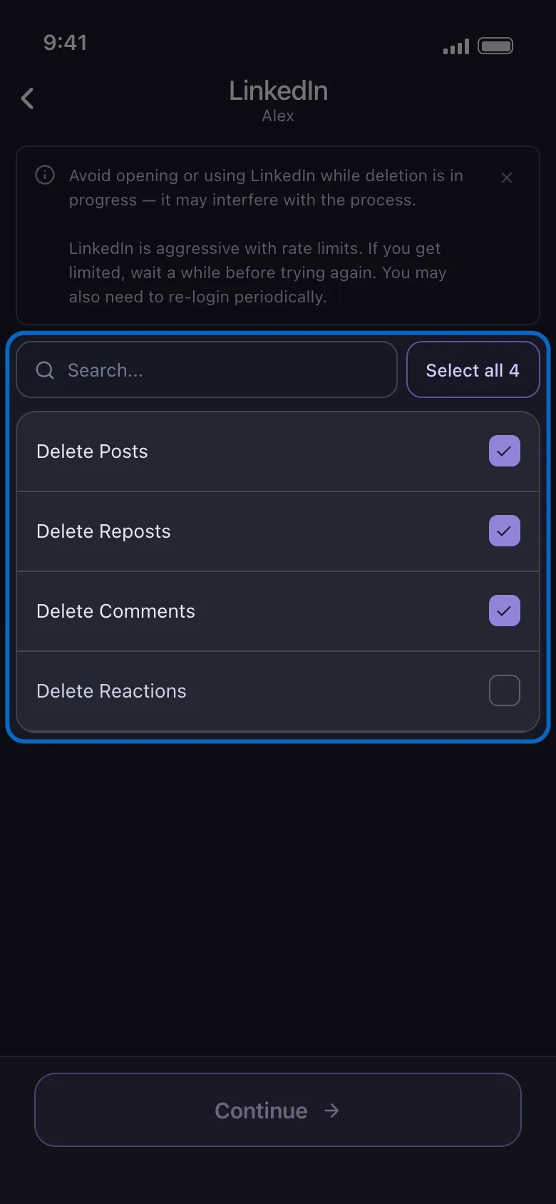 Unpost's what-to-delete list for LinkedIn highlighted, showing the flat rows Delete Posts, Delete Reposts, Delete Comments and Delete Reactions with three of them ticked above the Continue button