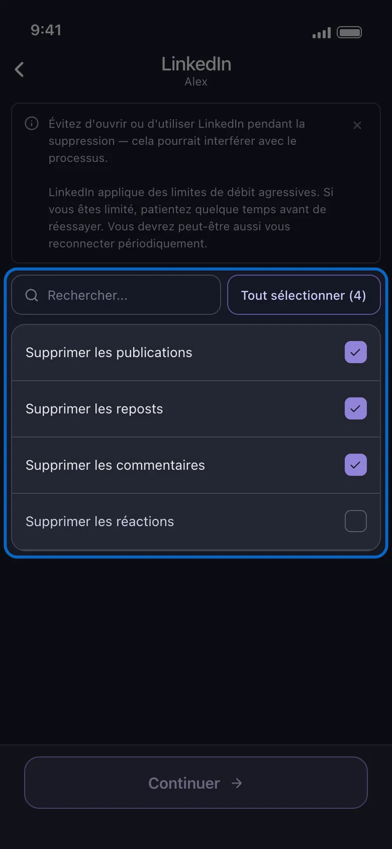 La liste « quoi supprimer » d'Unpost pour LinkedIn mise en évidence, montrant les lignes Supprimer les publications, Supprimer les reposts, Supprimer les commentaires et Supprimer les réactions, trois d'entre elles cochées au-dessus du bouton Continuer