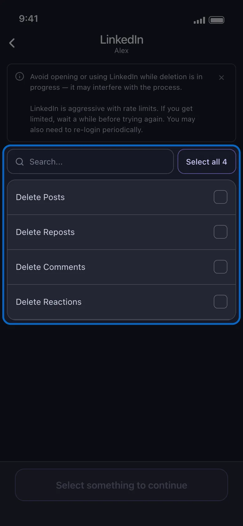 LinkedIn’s list highlighted: Delete Posts, Delete Reposts, Delete Comments and Delete Reactions.