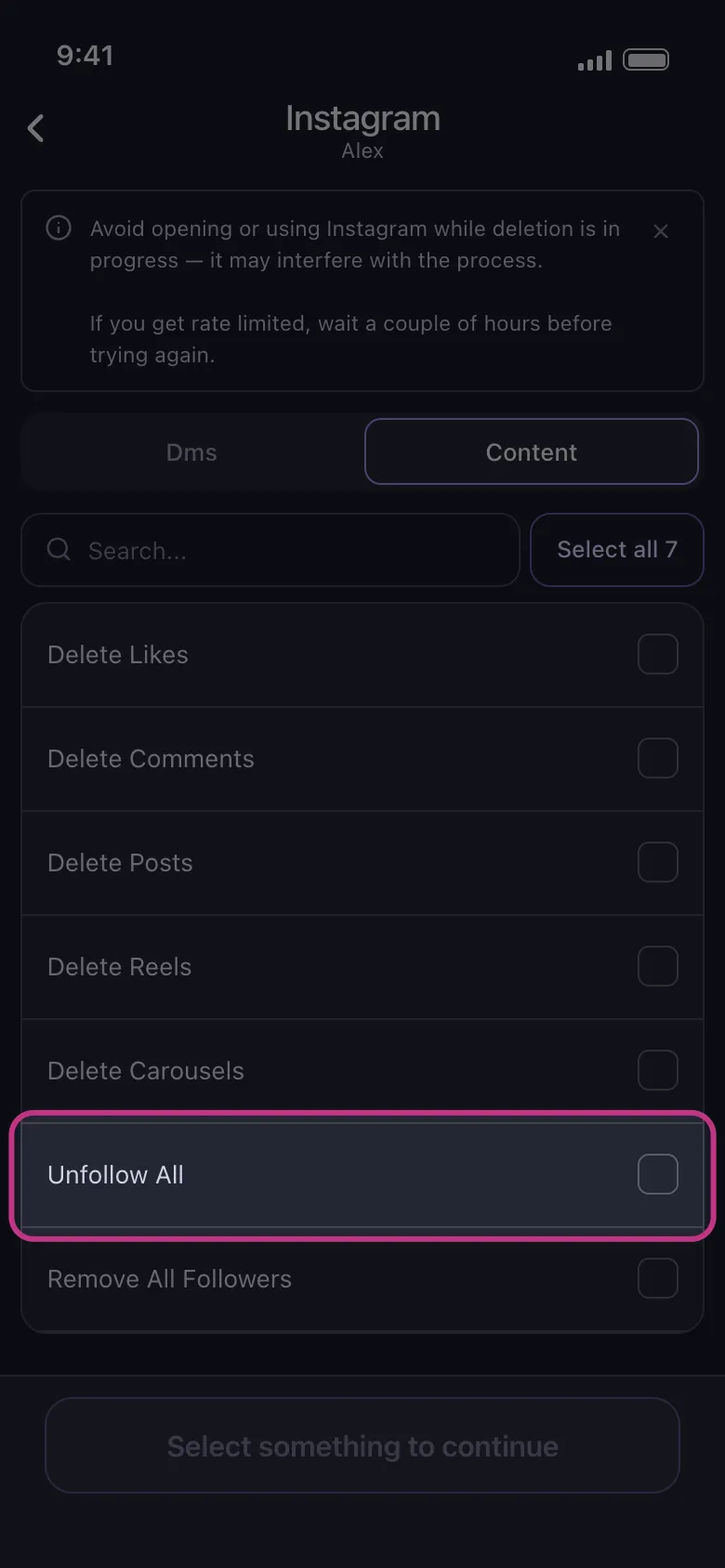 Instagram’s Unfollow All option highlighted.