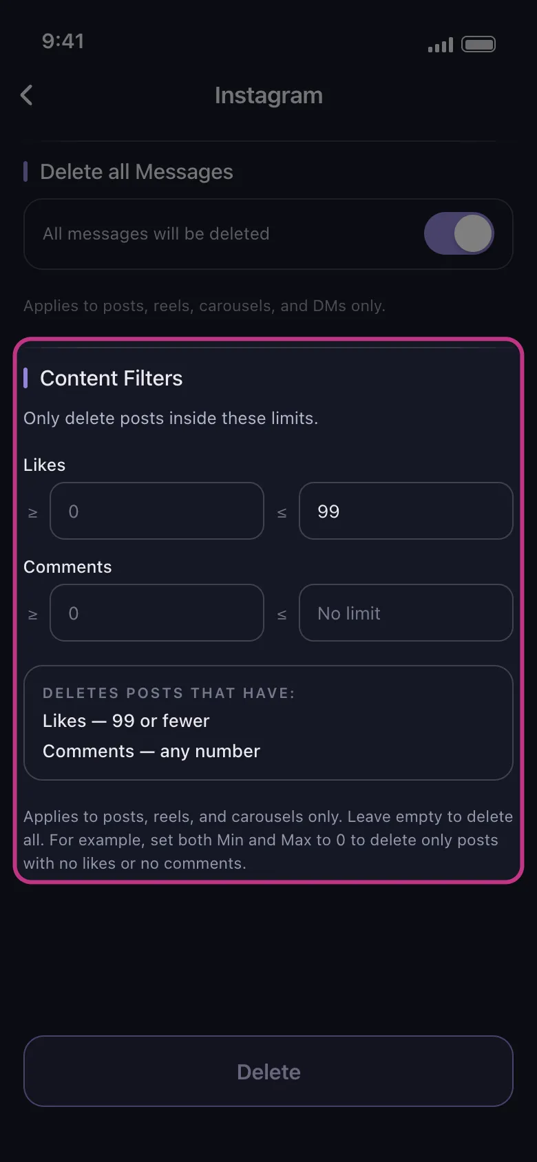 Instagram’s Content Filters highlighted, with 99 in the Likes ≤ box and the summary reading Likes — 99 or fewer.