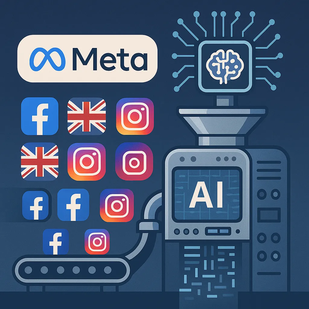 Entraînement IA de Meta utilisant les données du Royaume-Uni de Facebook et Instagram avec cerveau d&#x27;intelligence artificielle traitant le contenu des réseaux sociaux