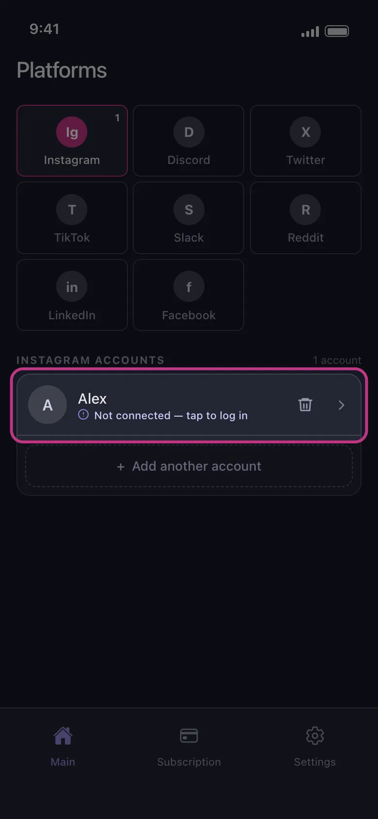 An Instagram account row highlighted, showing Not connected — tap to log in.