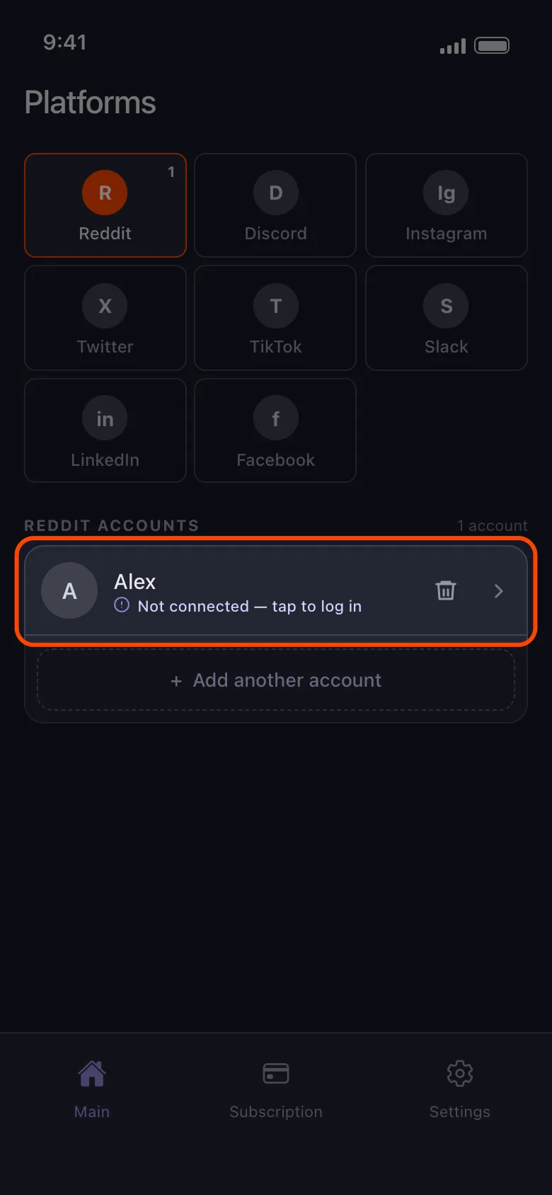 A Reddit account row highlighted, showing Not connected — tap to log in.