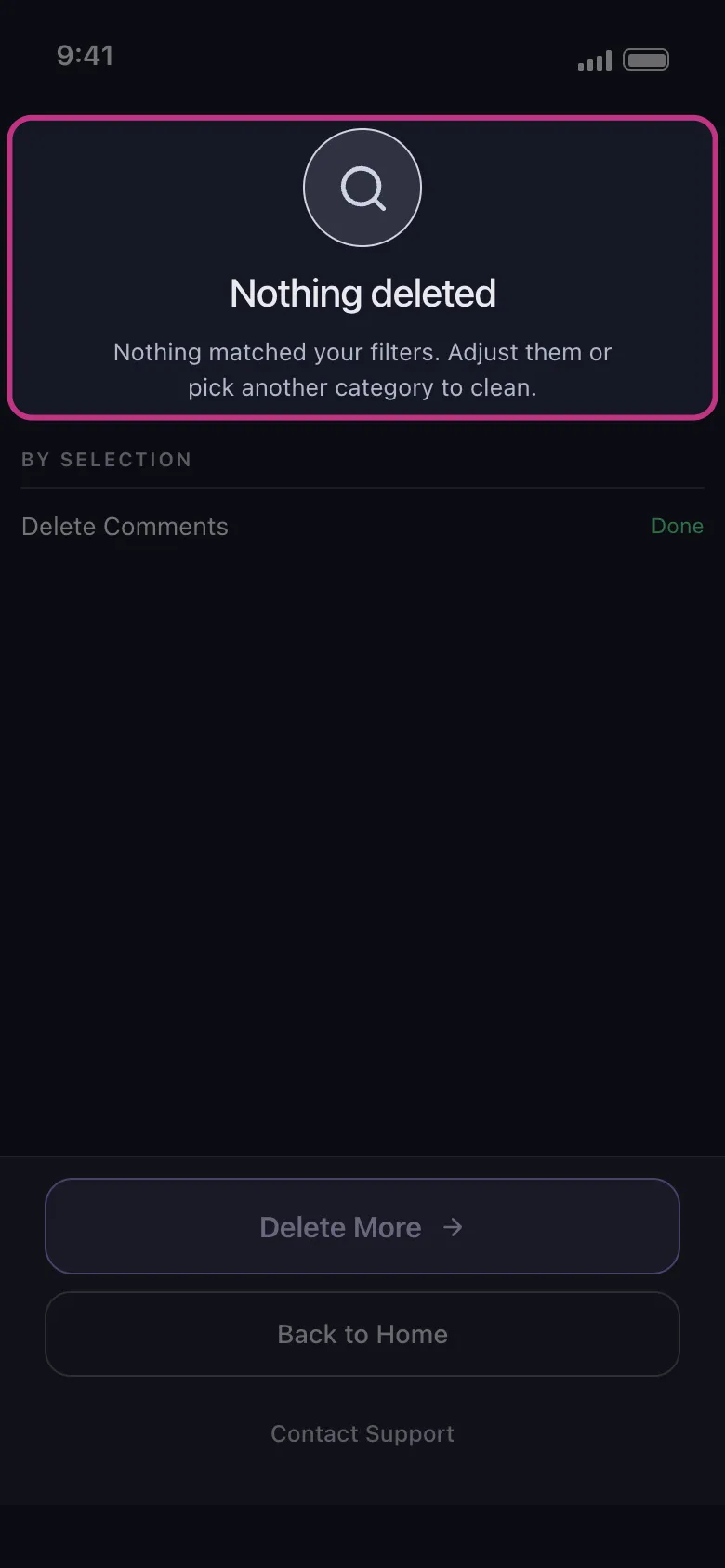 The result screen with Nothing deleted and its explanation highlighted.