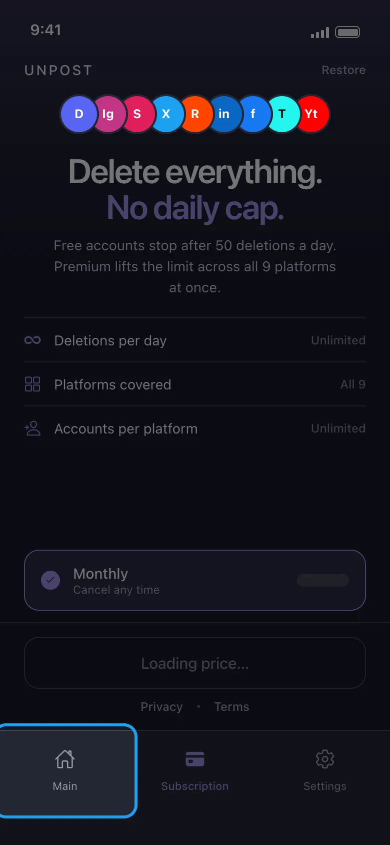 Unpost’s Subscription tab with the Main tab highlighted in the bottom bar.