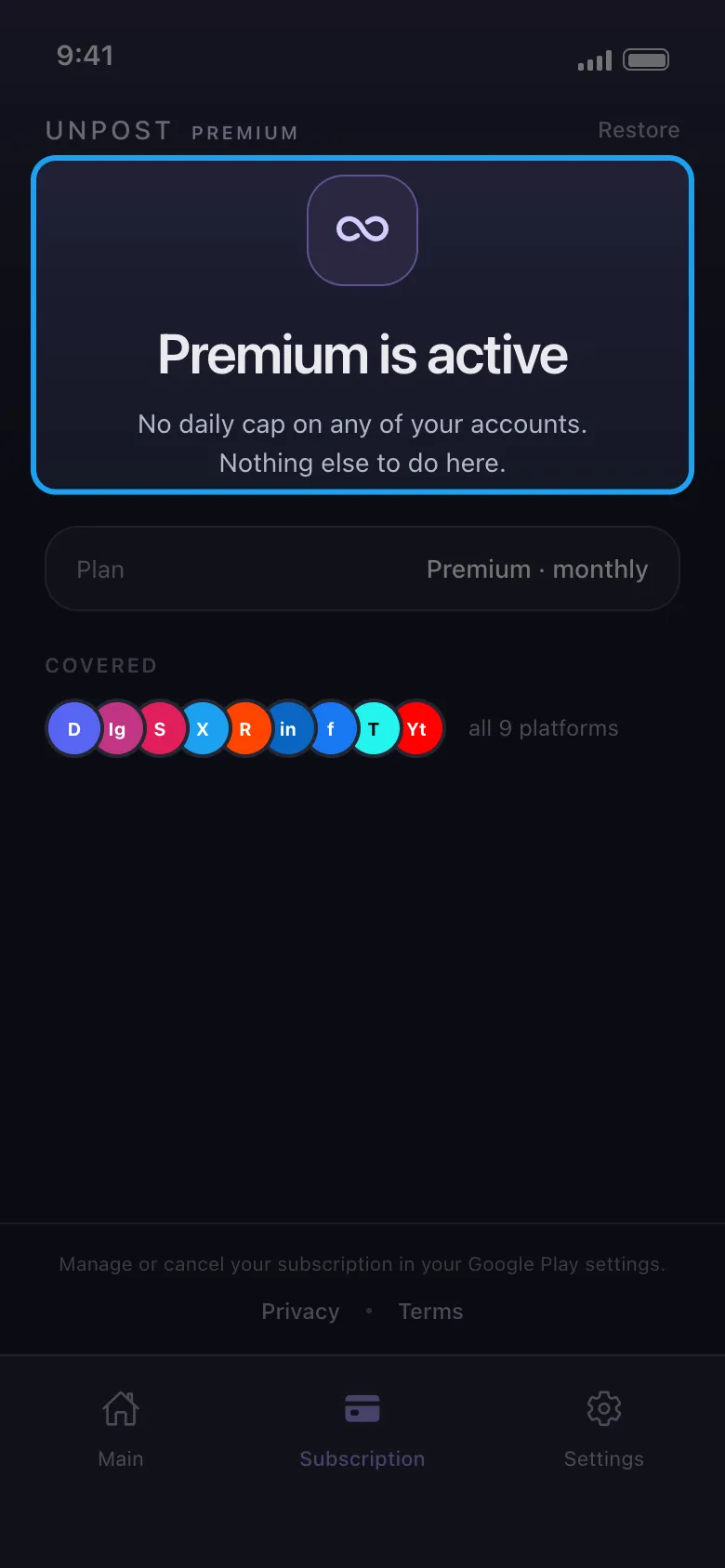 The Subscription tab highlighted where it reads Premium is active.