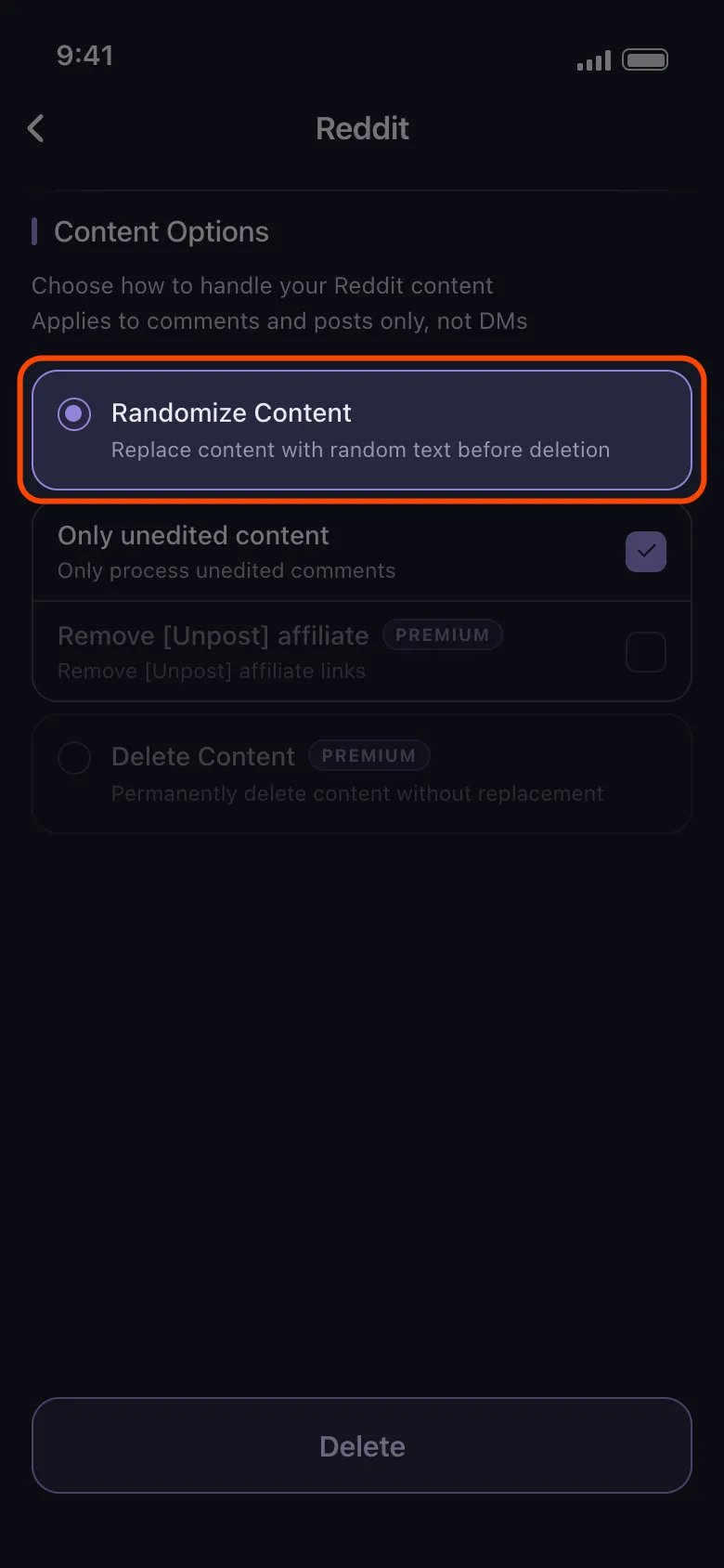Reddit’s Content Options with Randomize Content highlighted and selected.
