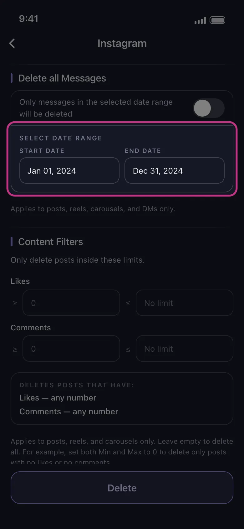 The Delete all Messages section with the switch off and the Start Date and End Date boxes highlighted, set from Jan 01, 2024 to Dec 31, 2024.